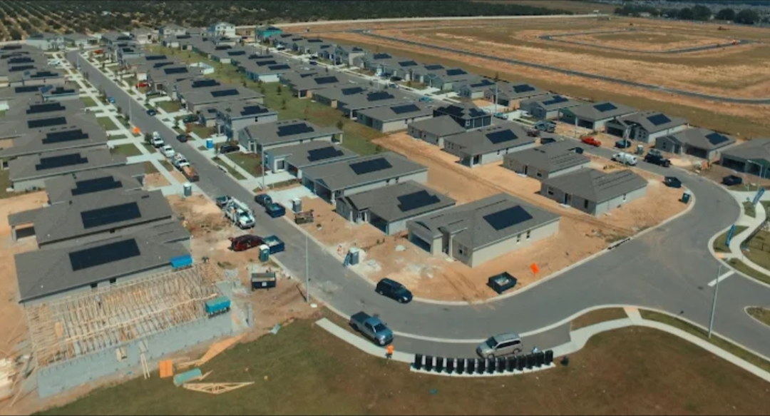 Aerial view of a solar-powered community